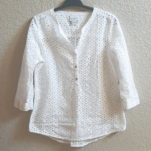 Eyelet Top with 3/4 Sleeves & Partial Button Down Front